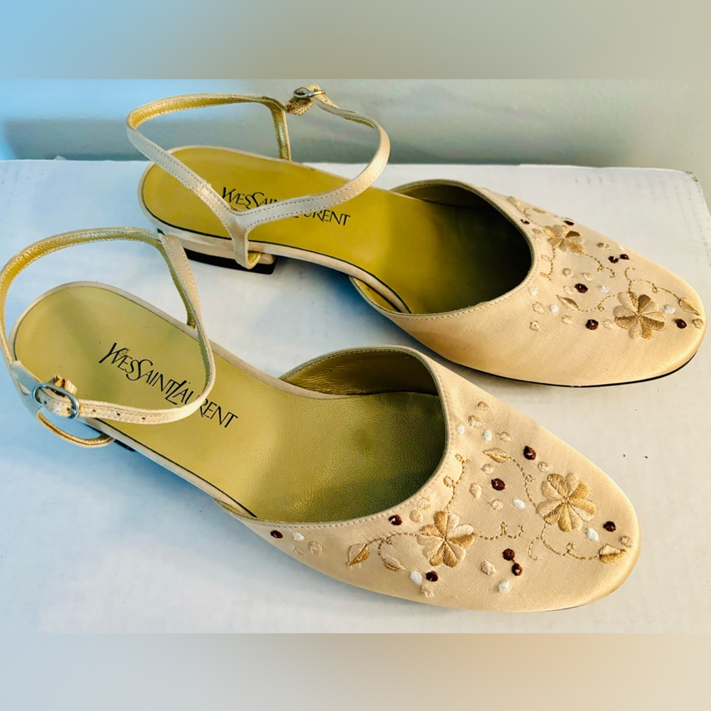 YVES SAINT LAURENT Tan Silk Embroidred Flats Sandals
